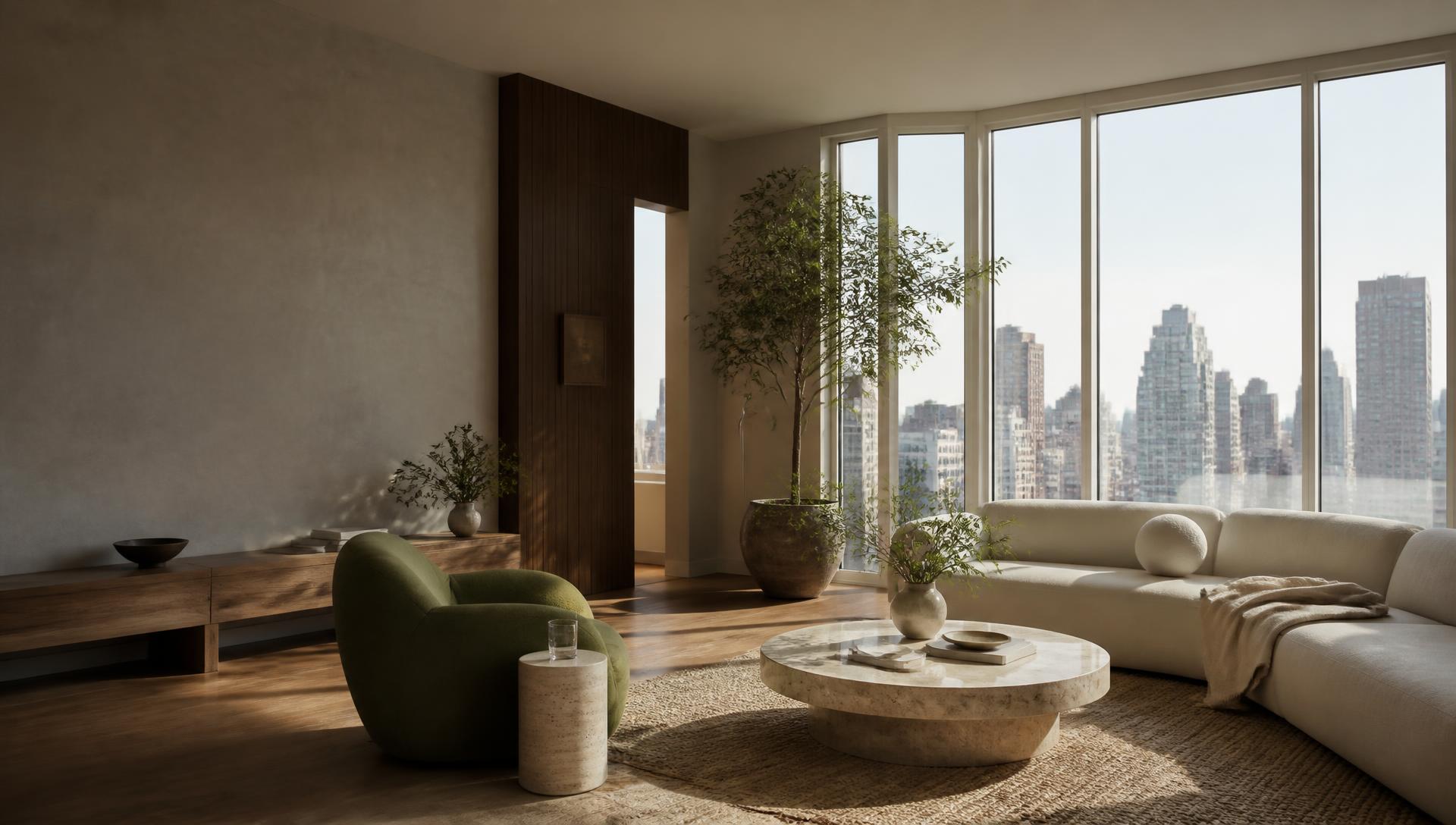 Sunlit GlobeNest living room overlooking the city